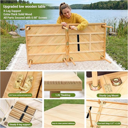 44"x30" Portable Boho Wooden Low Folding Picnic Table for Indoor Outdoor | Comes with Table Runner, Stable 8-leg Support & Thickened Structure, Thick Painted Tabletop Easy to Wipe, Fits 2-4 People