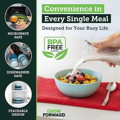 Grow Forward 16-piece Premium Wheat Straw Dinnerware Sets for 4 - Unbreakable Dishwasher & Microwave Safe Plastic Plates and Bowls Sets - Patio, Outdoors, RV, Camping Dishes - Seascape
