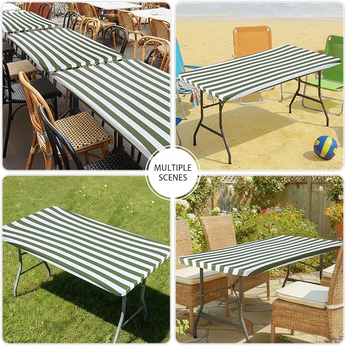 Smiry Spandex Fitted Tablecloth for 6 Foot Rectangle Tables, Washable Picnic Table Cover with Elastic, Stretch Reusable Table Cloth for Outdoor, Camping, Dining & Kitchen (Stripe, 30"x72")