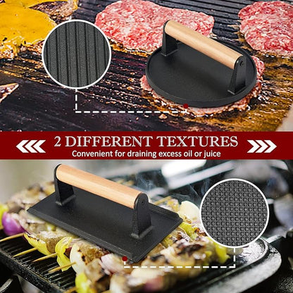 HaSteeL 2Pcs Cast Iron Bacon Press, Smash Burger Press for Teppanyaki Flat Top Griddle, Heavy Duty Round 7In & Rectangular 8x4In Grill Press, Perfect for BBQ Meat, Paninis, Tortilla, Steak, Sandwich