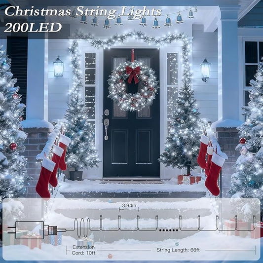 66FT 200 LED Christmas Tree Lights, Bright Cool White Outdoor Christmas String Lights for House, Fairy Lights with 8 Modes, Waterproof & Durable Indoor Outdoor Decor, Timer Included
