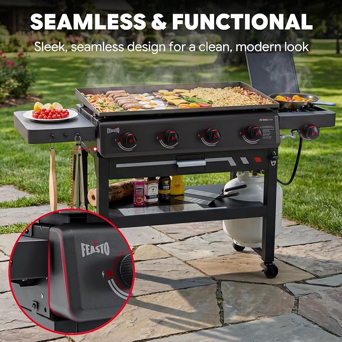 Feasto 36" 4-Burner Propane Griddle w/Side Burner, 63,000 BTU, 720 Sq.In. | Outdoor Flat Top Grill w/Grease Cup & Foldable Side Table, for Patio Backyard BBQ, Black
