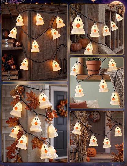 Halloween Ghost String Lights, 8.5FT 10 LED White Ghost Outdoor Patio Decor | 4.5W Warm White Glow, Plug in End to End Connectable, Waterproof & Energy-saving, UL Listed for Home Porches Gardens Windows