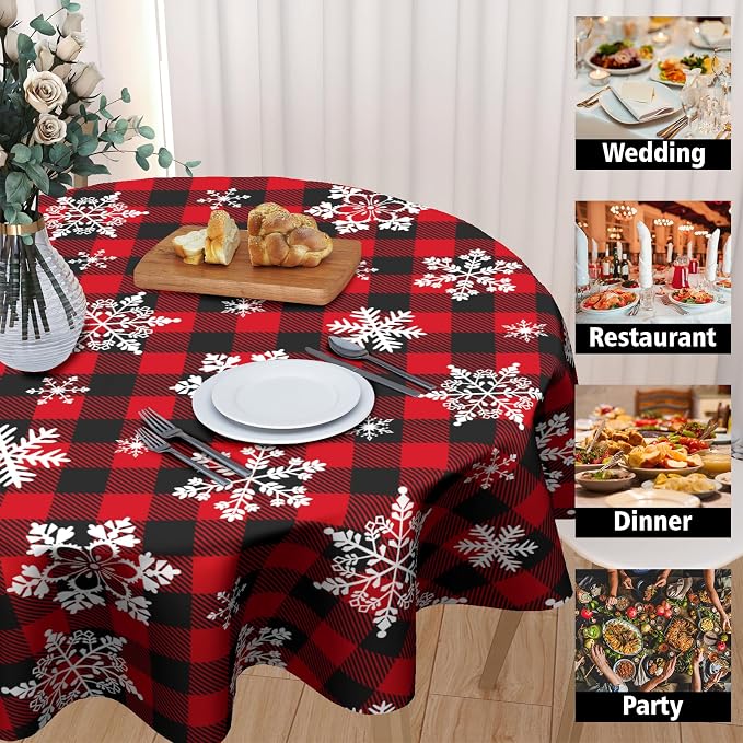 Sweetshow Christmas Round Tablecloth 60 Inch Red Black Buffalo Plaid Tablecloth Waterproof Polyester Xmas Winter Snowflake Table Cloth Table Cover for Kitchen Dining Room Picnic Patio Party