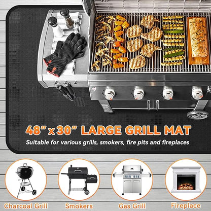 Under Grill Mats for Outdoor Grill - 48 x 30 Inch BBQ Mats for Outdoor Grill Deck Protector, Double-Sided Fireproof Oil-Proof Waterproof, Easy to Clean, Perfect for Outdoor Grilling