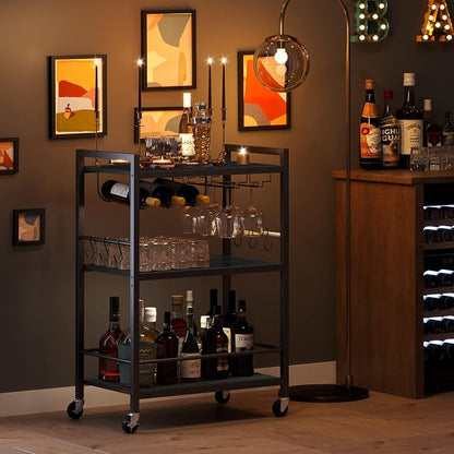 TUTOTAK Bar Cart with Wheels, Drink Cart with Wine Rack and Glass Holder | 3-Tier 23.7 Inch Wide Home Bar Serving Carts, Small Mobile Kitchen Shelf with 6 Hooks, Black BC01BK030