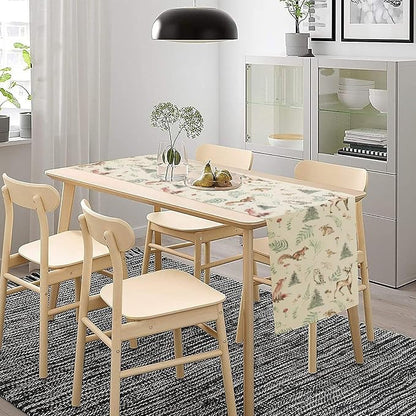 Rustic Woodland Table Runner for Kids, Cute Forest Animals, Country Lodge Cabin Wild Animal Bear Deer Fox Wolf Set, 13X120 Inch