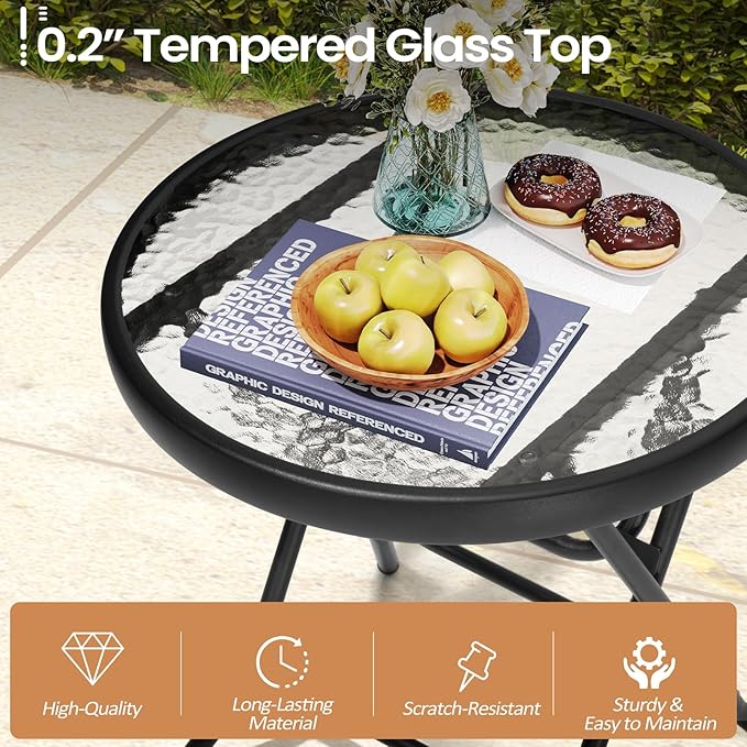 Foldable Side Table with Tempered Glass Top, 2 Pack Black & White | 18" Small Patio Side Tables Outdoor for Porch Yard Balcony Deck Lawn Garden