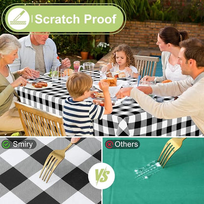 Smiry Picnic Table Cloth, Vinyl Tablecloths with Flannel Backing, 70"x90" | Waterproof Rectangle Table Cloth, Wipeable Buffalo Plaid Table Cover for Indoor and Outdoor (Black & White)