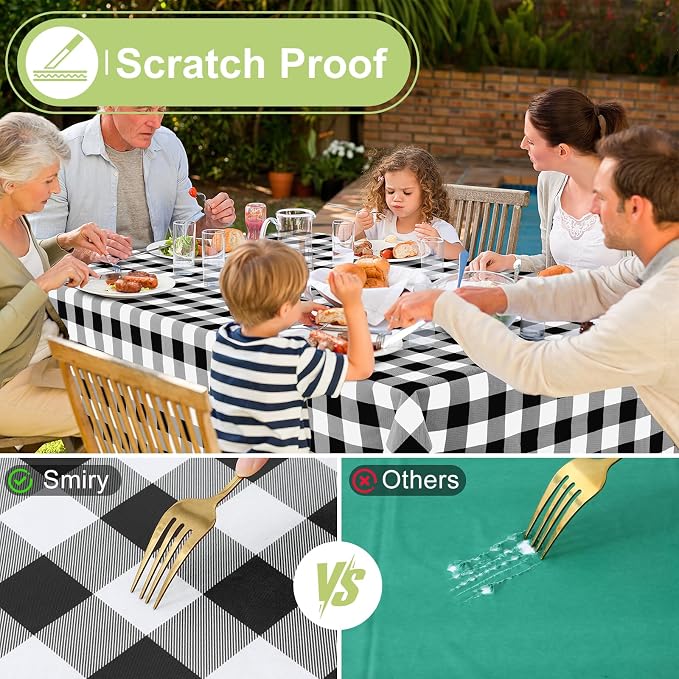 Smiry Picnic Table Cloth, Vinyl Tablecloths with Flannel Backing, 70"x120" | Waterproof Rectangle Table Cloth, Wipeable Buffalo Plaid Table Cover for Indoor and Outdoor (Black & White)