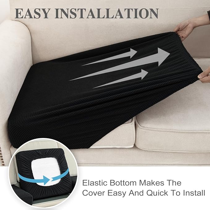 LA MEACK Couch Cushion Cover Chaise Lounge Cover Washable Separate Seat Chaise Couch Cover Stretch Sectional Sofa Slipcover(1 Piece for Chaise or Sofa 3-Seater, Black)