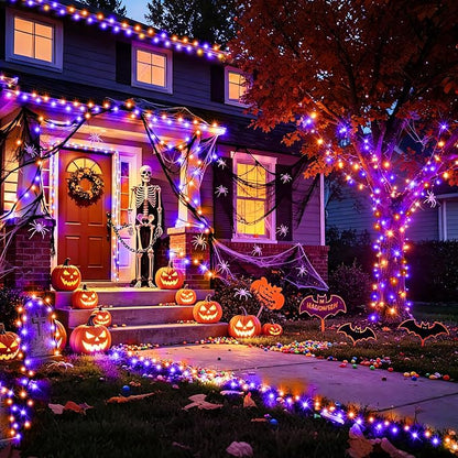 KNONEW Purple and Orange Halloween Lights 60FT 180 LED Indoor Outdoor String Light with 8 Lighting Modes, Timer Memory Function Plug in for Halloween Party Home Garden Roof Decorations