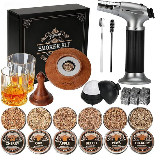 Whiskey Smoker Kit with Torch - 6 Flavors Wood Chips, 2 Glasses, Cocktail Smoker Infuser Kit, Old Fashioned Drink Smoker Kit, Birthday Valentine's Day Bourbon Whiskey Gifts for Men, Dad(No Butane)