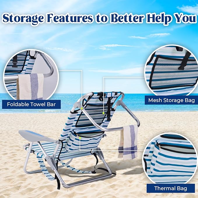 Portable Beach Chair for Adults, Outdoor Camping Chair Lay Flat Folding Backpack Beach Reclining Chair with 5 Positions, Headrest, Cup Holder, Heavy White Striped