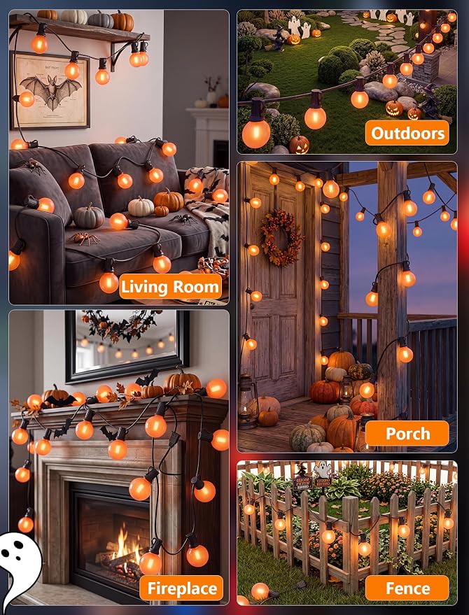 50FT Halloween Orange G40 LED Outdoor String Lights Plug in, 25 Globe Bulbs | Waterproof Patio Lights, Connectable Halloween Decorative Outdoor Lights for Party, Porch, Garden, Yard, Balcony, Backyard