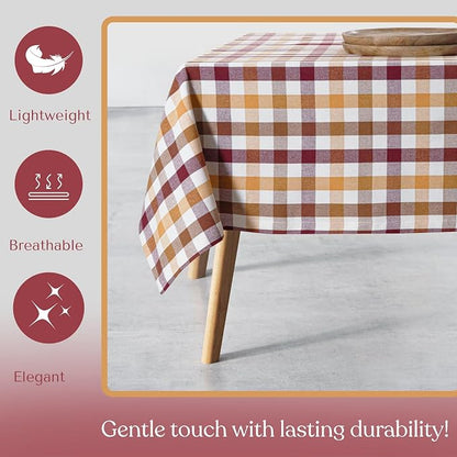 Gingham Check Tablecloth 52x70 Inch, 100% Cotton, Reusable Dining Table Cover for Rustic Decor, Parties, Gatherings, Weddings - Burgundy Wine, Brown, Mustard Yellow, Natural