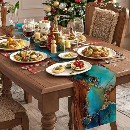 Turquoise Marble Table Runner,Dining Decor for Kitchen Coffee Table Family Dinners Holiday Parties Wedding Events Decor(13x72 inch)