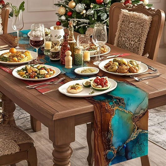 Turquoise Marble Table Runner,Dining Decor for Kitchen Coffee Table Family Dinners Holiday Parties Wedding Events Decor(13x72 inch)