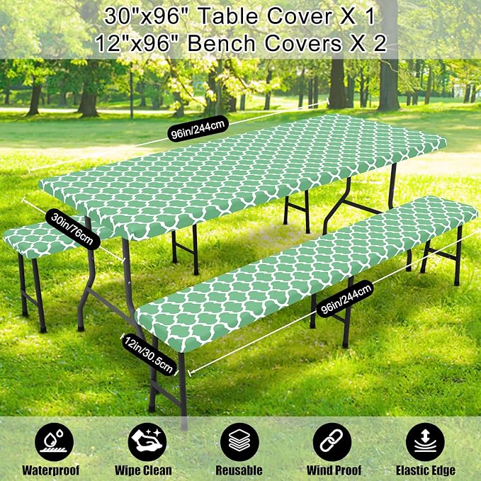 Smiry Picnic Table Cover with Bench Covers, Waterproof Elastic Fitted Tablecloth for 8 Foot Tables, Washable Polyester Tablecloths for Camping, Indoor & Outdoor (Sage Green, 30x96 Inch 3-pc Set)