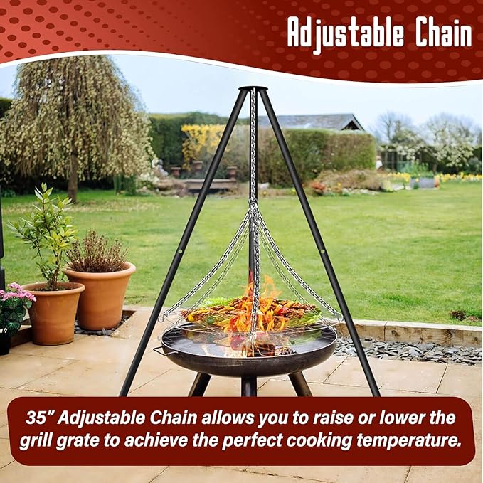 FEBTECH - 55" Steel Tripod Grilling Set - Camping Accessories For BBQ Grill Cooking - Camping Charcoal Grills Grate - Campfire Grill Grate Over Fire Pit with Tripod Stand