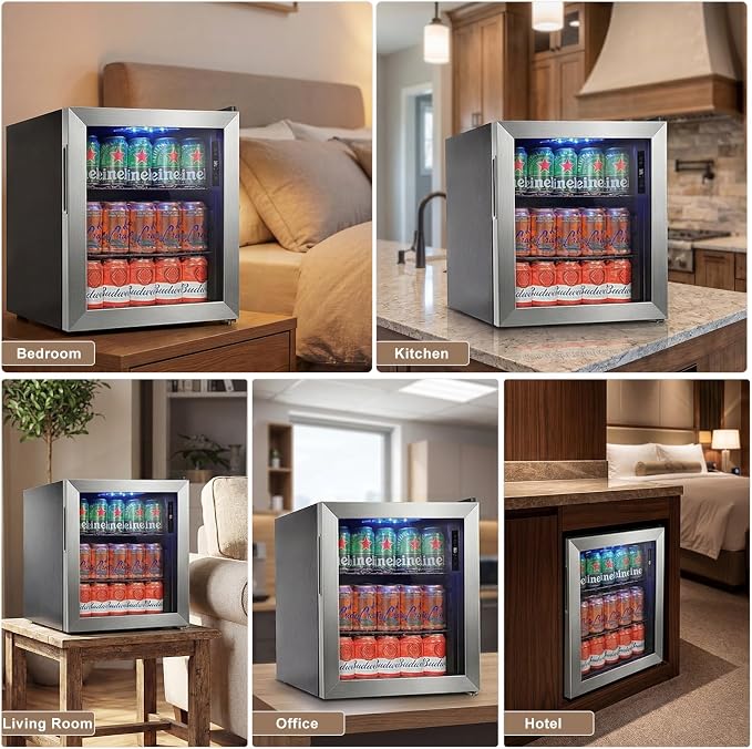 FoMup Mini Fridge 50 Can, Small Beverage Refrigerator with Reversible Glass Door, Countertop Drink Cooler with Temperature Control, Compact Beer Soda Fridge for Office Dorm Kitchen, Stainless Steel
