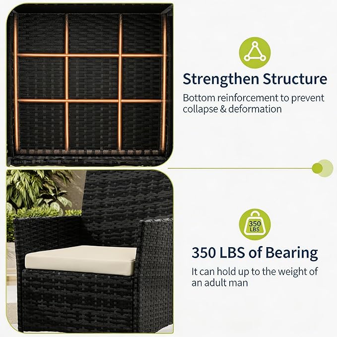 3-Piece Outdoor Furniture Set, PE Rattan Wicker Chairs with Soft Cushions & Tempered Glass Coffee Table - All-Weather Patio Set for Garden, Backyard, Porch, Poolside (Black/Beige)