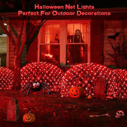 JMEXSUSS 360 LED Halloween Net Lights, Red, 12ft x 5ft | Outdoor Waterproof, Connectable, Plug in, Mesh Lights with Remote for Bushes Shrubs Christmas Halloween Decorations