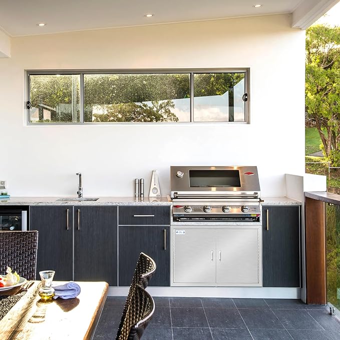 Hally Outdoor Kitchen Doors 31" W x 24" H of 304 Stainless Steel BBQ Double Access Door with 2 Detachable Handles and 6 Hooks, for BBQ Island, Grilling Station, Outdoor Cabinet