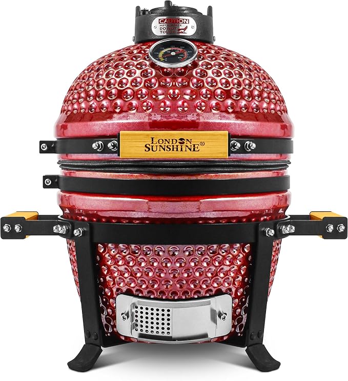 London Sunshine Ceramic BBQ Charcoal Kamado Grill 13 inch Portable Tabletop BBQ Grill with Stainless Steel Grates, pearlescent red