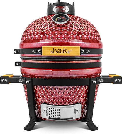 London Sunshine Ceramic BBQ Charcoal Kamado Grill 13 inch Portable Tabletop BBQ Grill with Stainless Steel Grates, pearlescent red