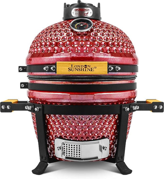 London Sunshine Ceramic BBQ Charcoal Kamado Grill 13 inch Portable Tabletop BBQ Grill with Stainless Steel Grates, pearlescent red