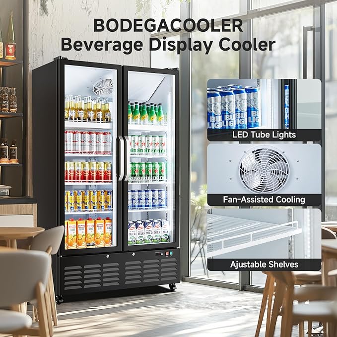 BODEGACOOLER Commercial Merchandiser Refrigerator, 27.02 Cu.Ft Double Glass Door Beverage Cooler, Upright Display Refrigerator with Soft LED Light, Adjustable Shelves, 4 Heavy-Duty Casters, Black