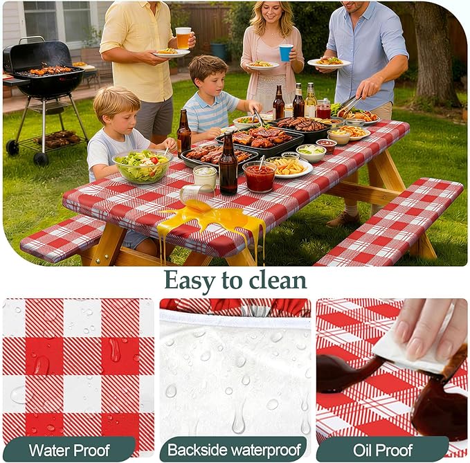 Picnic Table Cover Bench Covers Camping Essentials Tablecloth | Waterproof Vinyl for Outdoor, Windproof Elastic Fitted Edges, RV BBQ Accessories Must Haves, Storage Bag Included