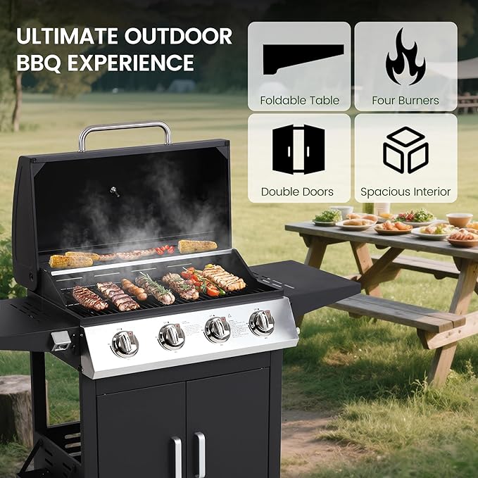 HUGROVE 4-Burner Propane Gas BBQ Grill, Upgraded 40,000 BTU Stainless Steel Barbecue Grill with Foldable Side Tables, Spice Rack & Wheels for Outdoor Cooking