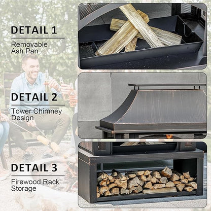 39" Fire Pits with Wood Storage for Outside, Large Wood Burning Outdoor Fireplace with Chimney, Mesh Spark Screen & Fire Poker, Idea for Backyard, Patio, Party, Camping, Picnic