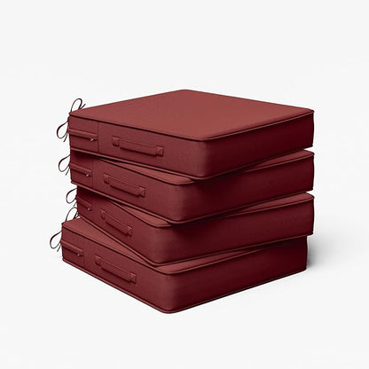 Outdoor Chair Cushion 19 x 19 x 4 Inches Patio Furniture Outdoor Waterproof Seat Cushion, Patio Chair Cushion with Handles and Ties, Square Dining Chair Cushion Set of 4, Burgundy