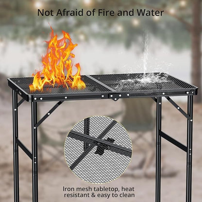 Anbte Portable Grill Table Max 29.5", 2 Adjustable Heights Folding Camping Table with Heat-Resistant Mesh Tabletop &Portable Handle, Waterproof, for Cooking BBQ Outdoor Patio, 31" X 22", Black