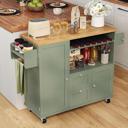 knoworld Rolling Kitchen Island with Storage Cabinet, 41.3'' Width Kitchen Cart with Desktop Drop Leaf Countertop, Portable Mobile Island with Towel Rack, Spice Rack Shelf and Lockable Wheels, Green