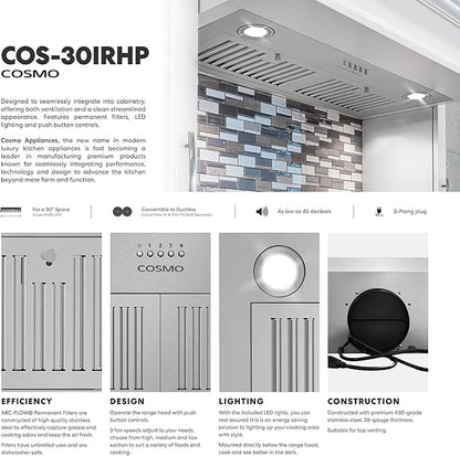 COSMO COS-30IRHP 30 in. Lumin Collection 380 CFM Ducted Insert Range Hood, Button Controls, LED Lights, Stainless Steel