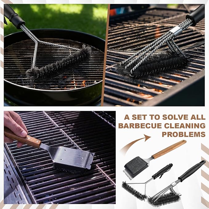 3 Pcs 304 Stainless Steel BBQ Grill Brush, 16.7'' Grill Brush Bristle Free, 15 ''Three-Head and 12''Three-Sided Brushes for Outdoor BBQ Accessories, Ideal Gift for Men/dad