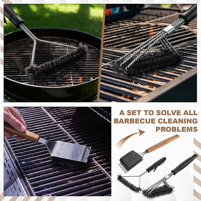 3 Pcs 304 Stainless Steel BBQ Grill Brush, 16.7'' Grill Brush Bristle Free, 15 ''Three-Head and 12''Three-Sided Brushes for Outdoor BBQ Accessories, Ideal Gift for Men/dad