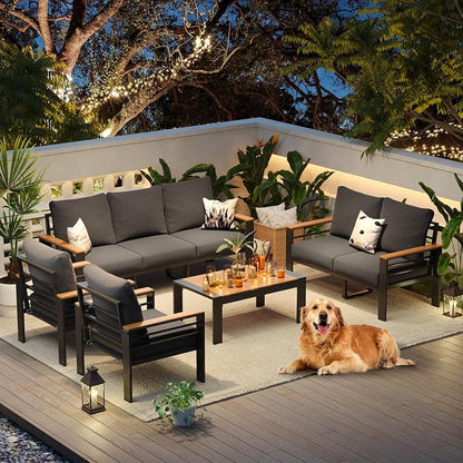 Aoxun Aluminum Patio Furniture Set 7 Seats, Oversized Outdoor Sectional with Washable Thick Cushions, Coffee Table, Patio Conversation Sets for Porch, Balcony, Deck, Dark Gray