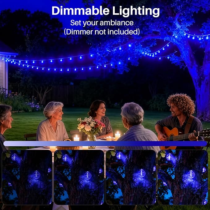 25 FT Blue Outdoor String Lights G40 Globe Shatterproof Patio Lights,13 Plastic Edison Bulbs(1 Spare) IP65 Waterproof Dimmable LED Bulbs for Backyard Porch Balcony Party Decor, E12 Base
