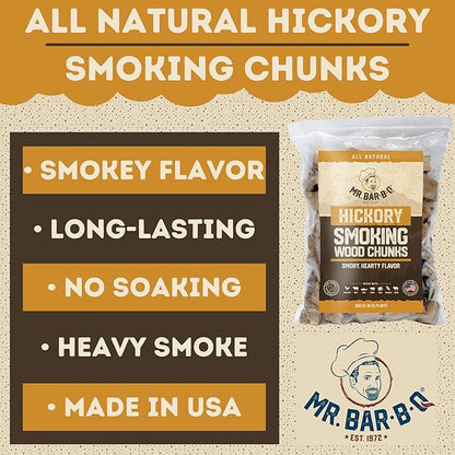 3.5 Lb. Hickory Wood Chunks by Mr. Bar-B-Q, Alternative for Charcoal Briquettes Can be Use on Gas, Wood Chunks for Smokers, Natural Hickory Smokey Flavor for Smoking, Grilling & BBQ, Camping Essential