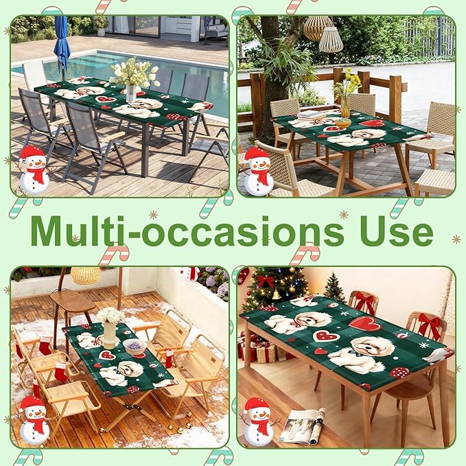 Christmas Picnic Table Cover with Bench Covers Set, Elastic Fitted Tablecloth for Outdoor Picnic Tables, Green Plaid Design with Cute Puppy and Heart Pattern, Durable Vinyl Cover for Campin
