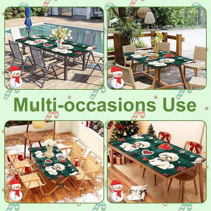 Christmas Picnic Table Cover with Bench Covers Set, Elastic Fitted Tablecloth for Outdoor Picnic Tables, Green Plaid Design with Cute Puppy and Heart Pattern, Durable Vinyl Cover for Campin