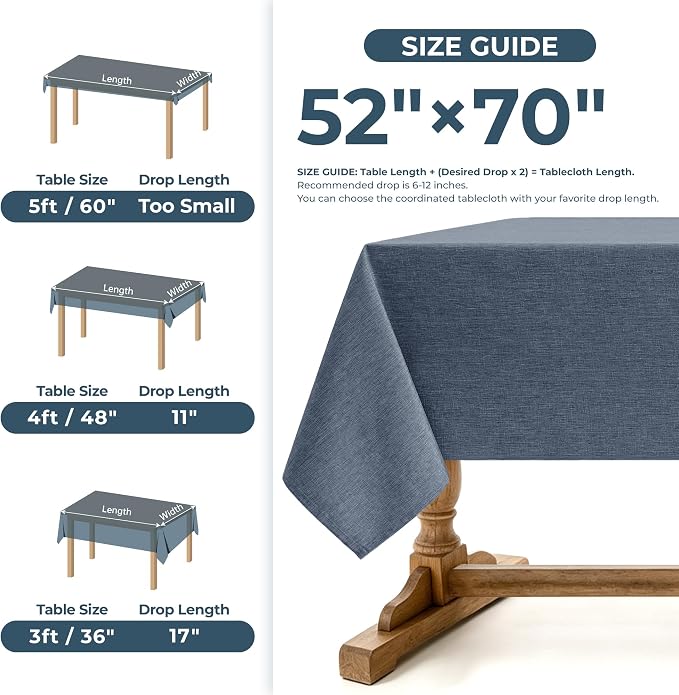Decorelia Table Cloth for Rectangle Dining Table, Faux Linen Waterproof Texture Farmhouse Washable Rectangular Tablecloth Cover for Birthday, Party, Picnics, Wedding Decor(Demin Blue, 52 x70 Inch)