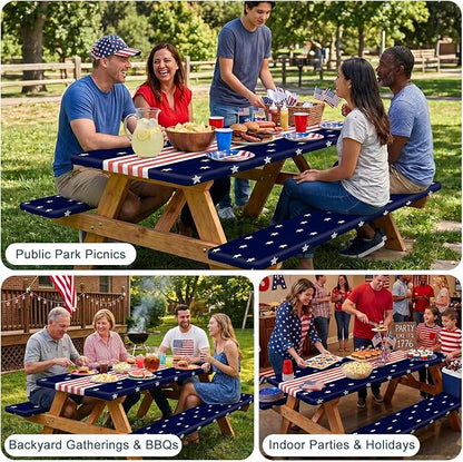 Picnic Table Cover with Bench Covers Windproof Waterproof Picnic Table Covers Camping Tablecloth with Self-Storage Bag, 72in, Navy Blue Runner