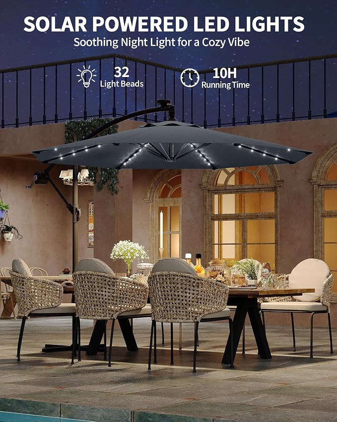 15FT Outdoor Patio Umbrella,Double-Sided Rectangle Market Umbrella with 36 LED Solar Lights & Base,UV50+ Weather-Resistant Oversized Outdoor Umbrella,Crank Lift,3-Way Shade for Pool,Garden,Backyard