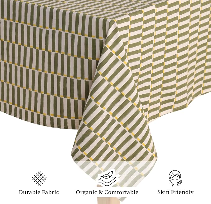 100% Cotton Hand Block Printed, Tablecloth for Kitchen, Dining, Table Cover for Parties, Chritmas, Weddings, Barbecues and Summer picnics Table Cloth (Green & Yellow, 60" x 90")